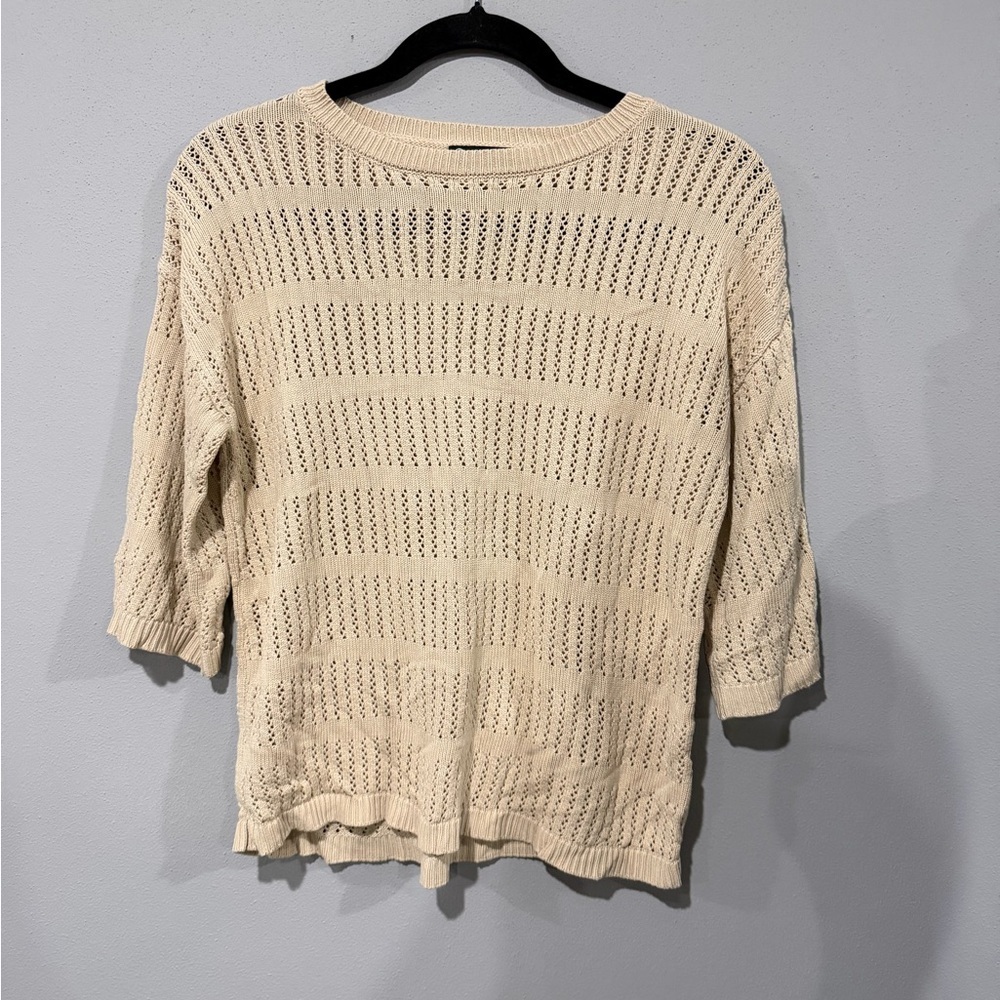 PrettyGarden Beige Open Knit Crochet Sweater - Size M Coastal Grandmother Style